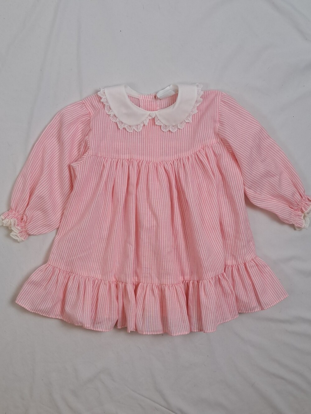 Vintage Bryan Pink White Seersucker Striped Lace Peter Pan Collar Dress 24M